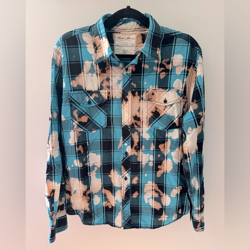 Y2K Western POINT ZERO Cher 2005 Acid Washed Blue Tan Plaid Button Down Shirt M - Picture 1 of 10